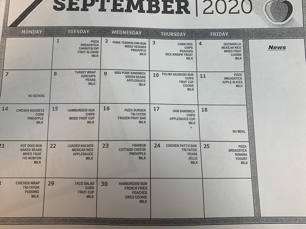 September 2020 Lunch Menu BismarckHenning Junior High