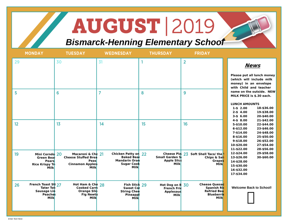 201908 BHES Menu BismarckHenning Elementary School