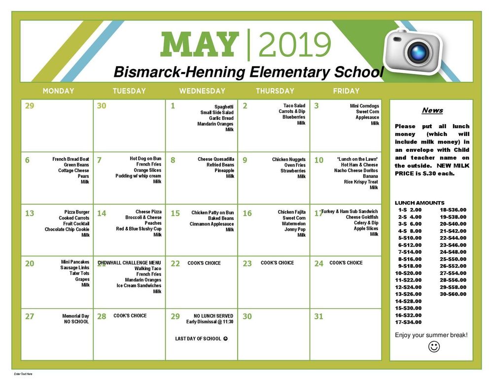 May 2019 Menu BismarckHenning Elementary School