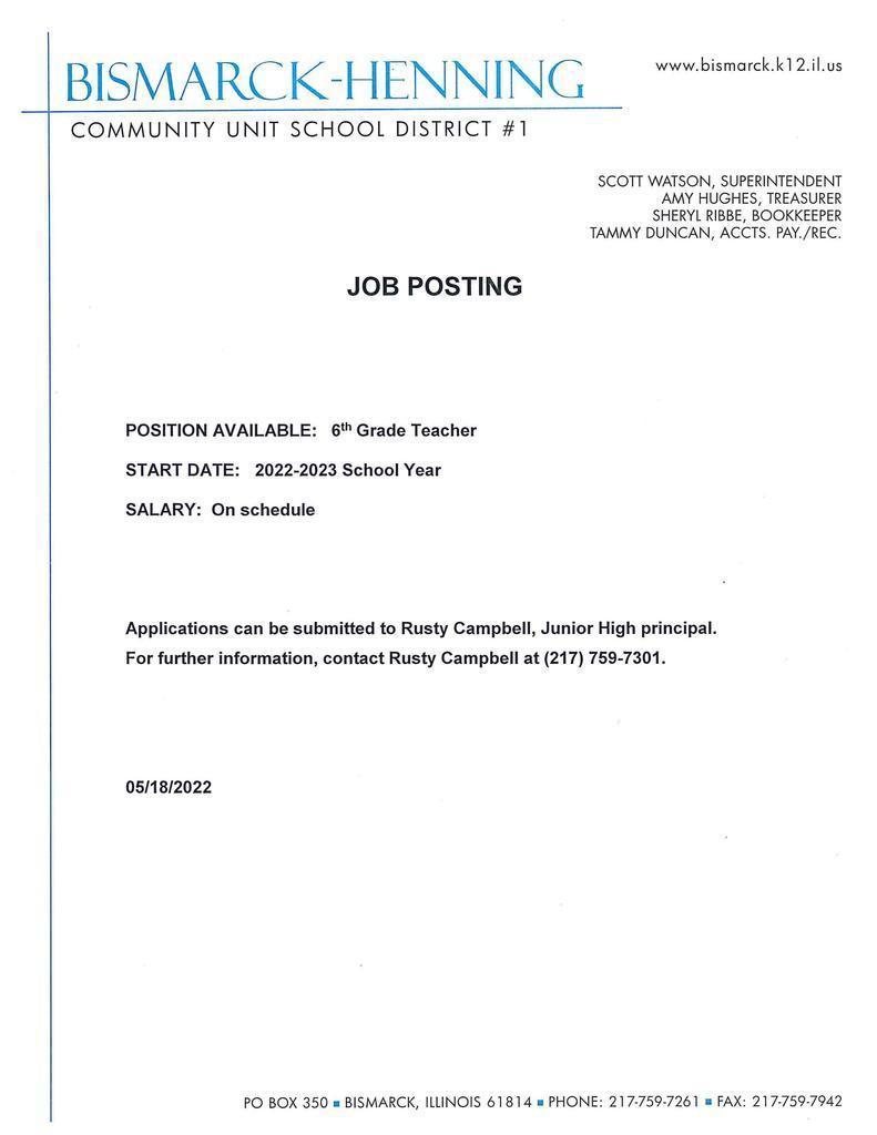 6th Grade Teacher Wanted