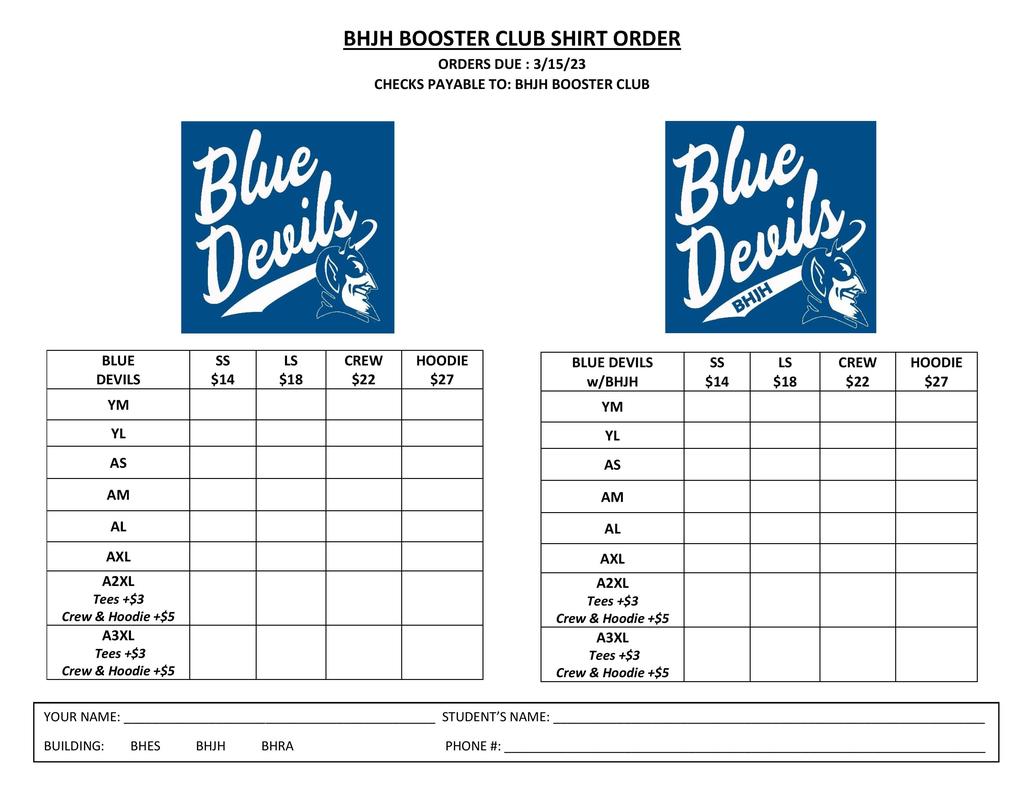 Booster Club Shirt Order